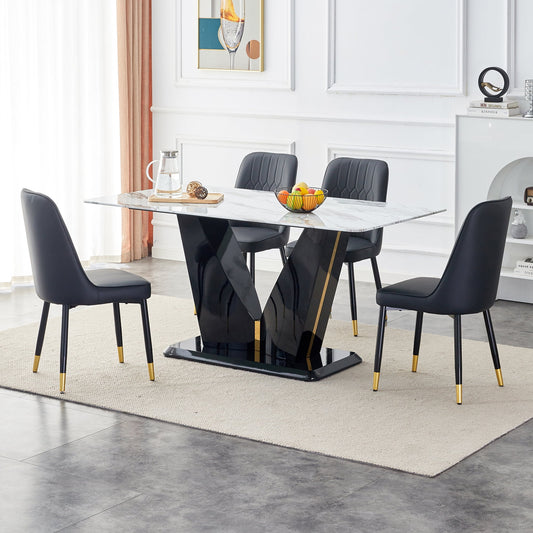 Sudica 63" Dining Table Set 5-Piece Marble Rectangular Kitchen Table & 4 Faux Leather Padded Dining Chair Set,Black