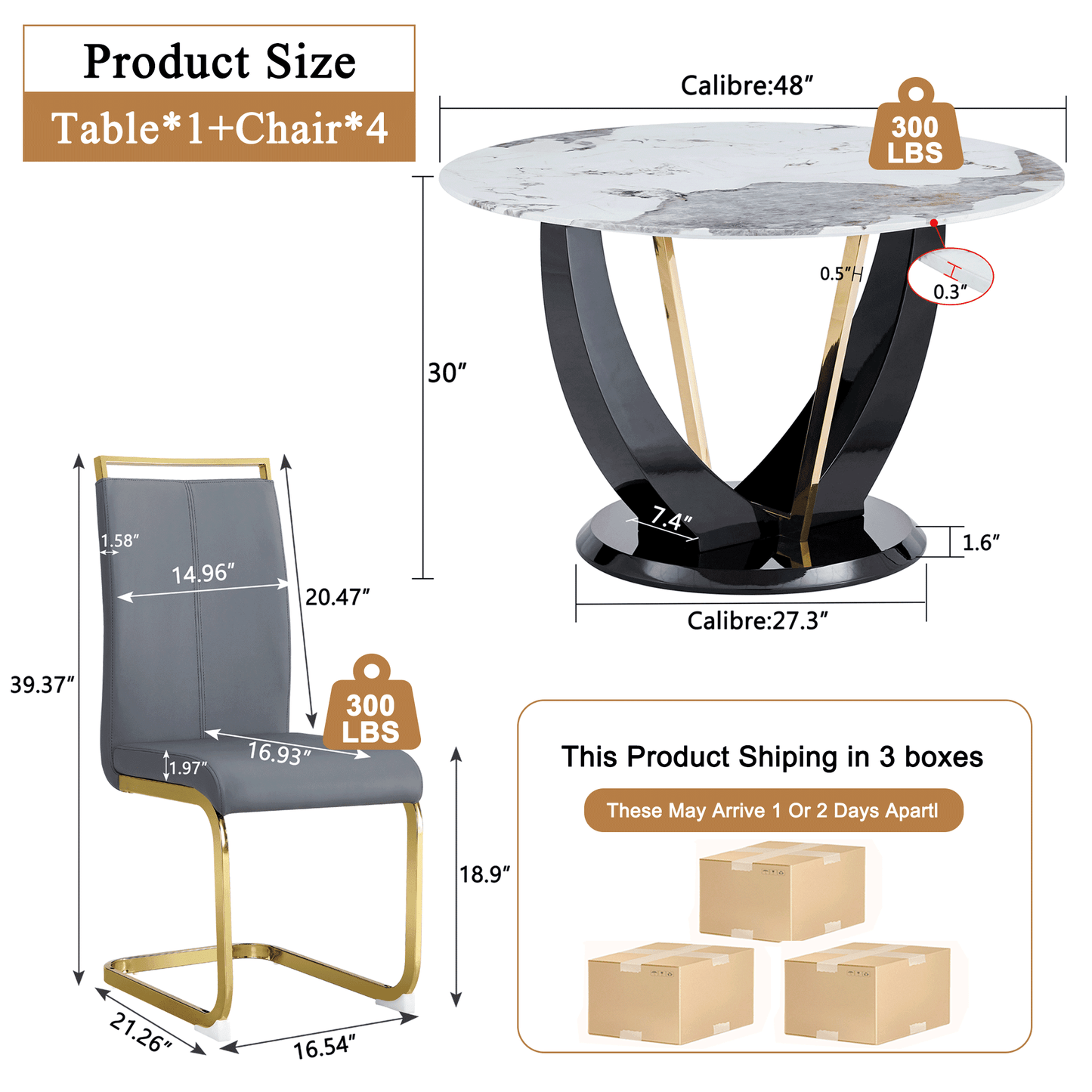 Sudica Round Dining Set for 4, 48" Round Marble Dining Table with PU Leather Dining Chairs, Gold Legs, Gray