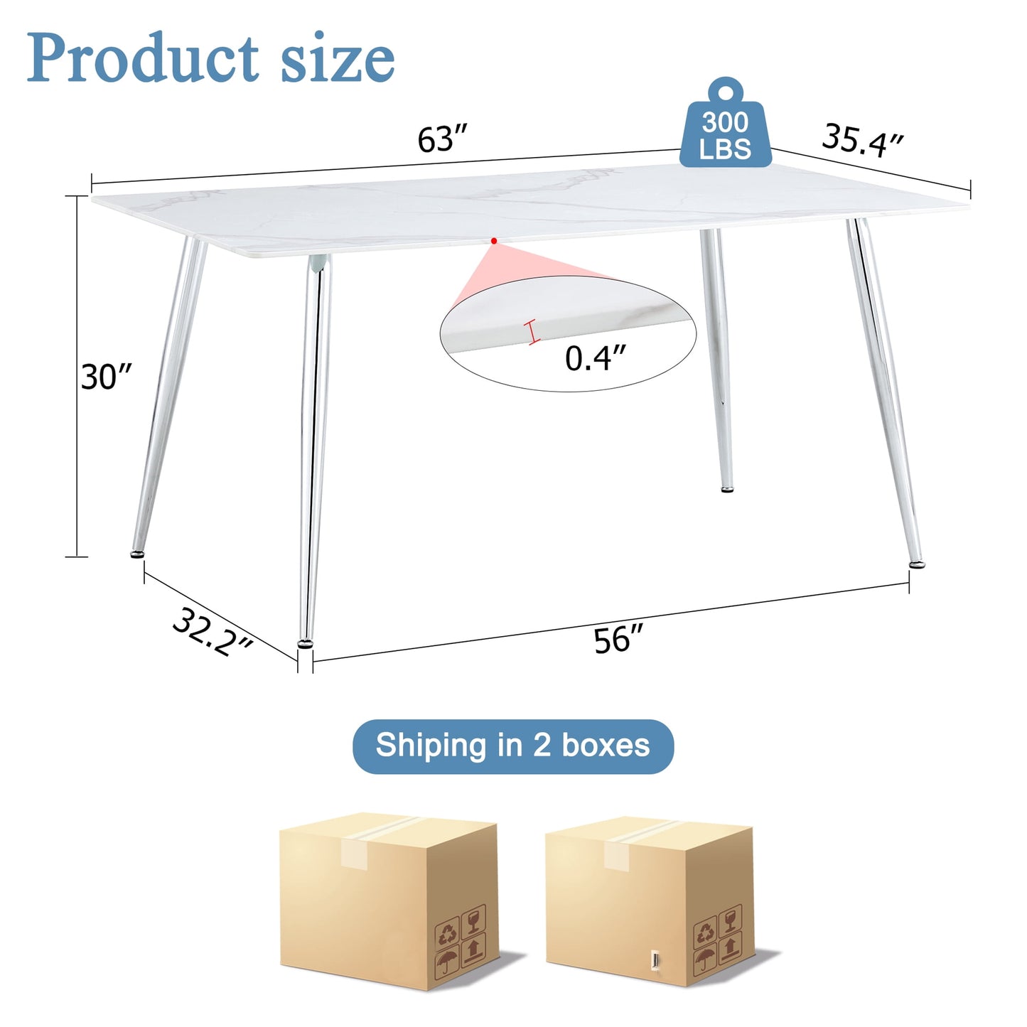 Dining Table with Marble Grain for 6, Sudica 63" Large Rectangular Kitchen Table with 4 Silver Plating Metal Legs