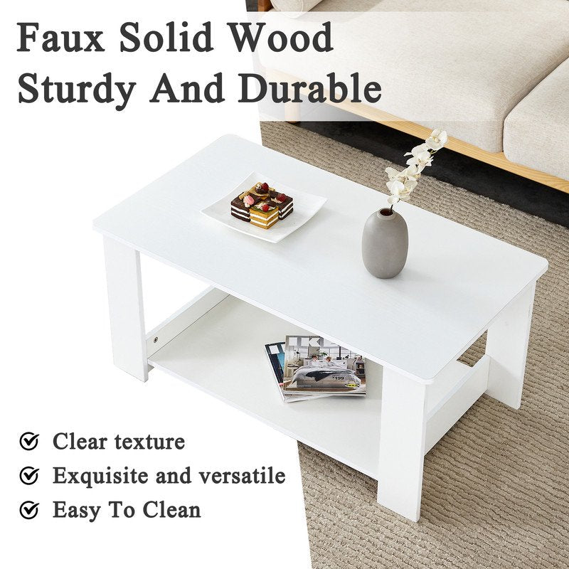 Sudica 35.4 inch Coffee Table with Storage Shelf Rectangular Rustic Wood Cocktail Table for Living Room,White