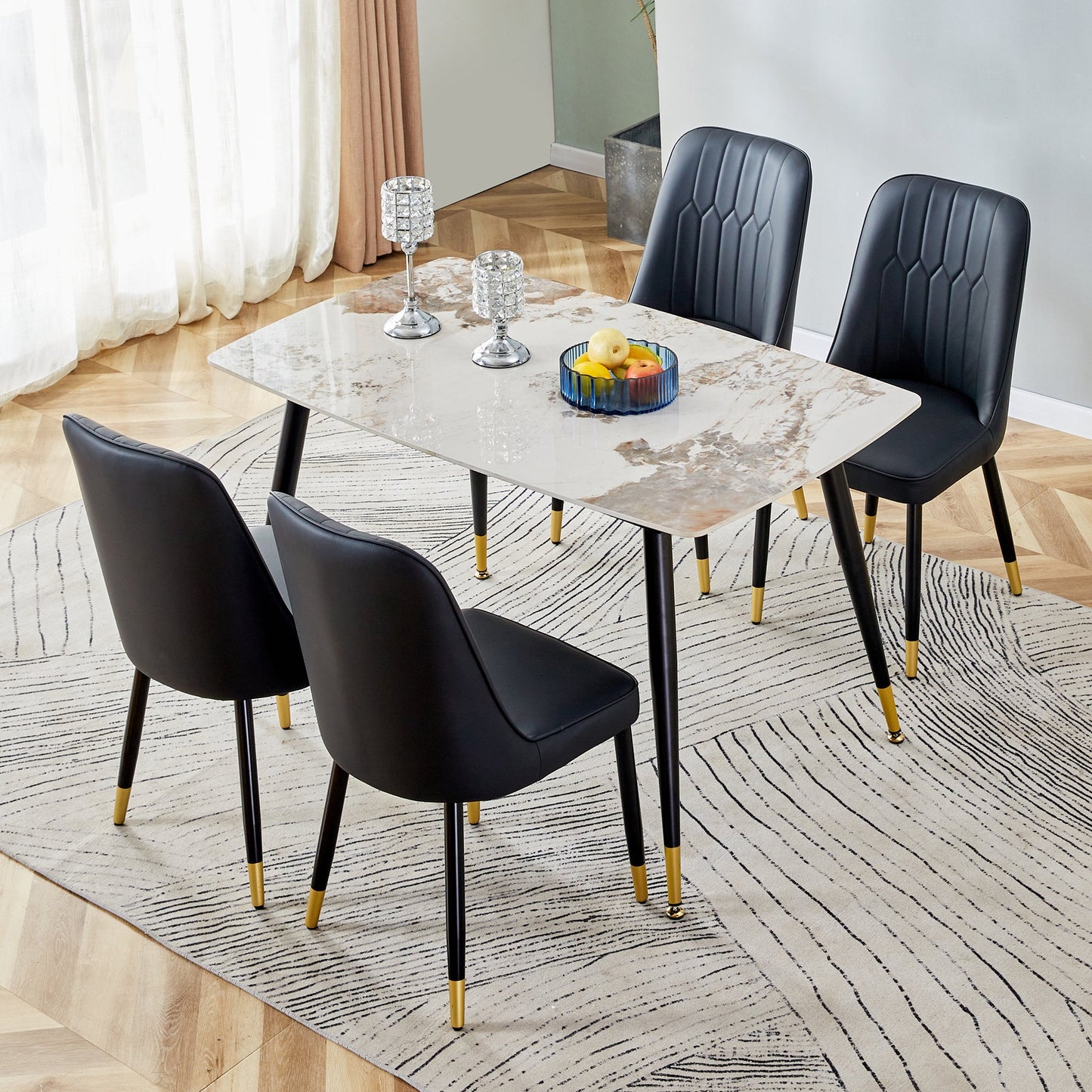 Sudica 5-Piece Dining Table Set,White Faux Marble Dining Tabletop with 4 Faux Leather Dining Room Chairs,Black