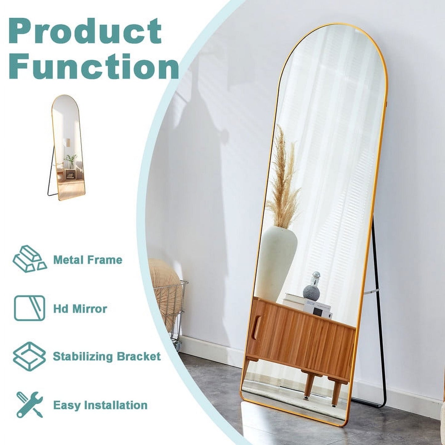 65"x23 inch Arched Full Length Mirror with Stand, Wall Hanging or Leaning Body Mirror for Bedroom, Gold