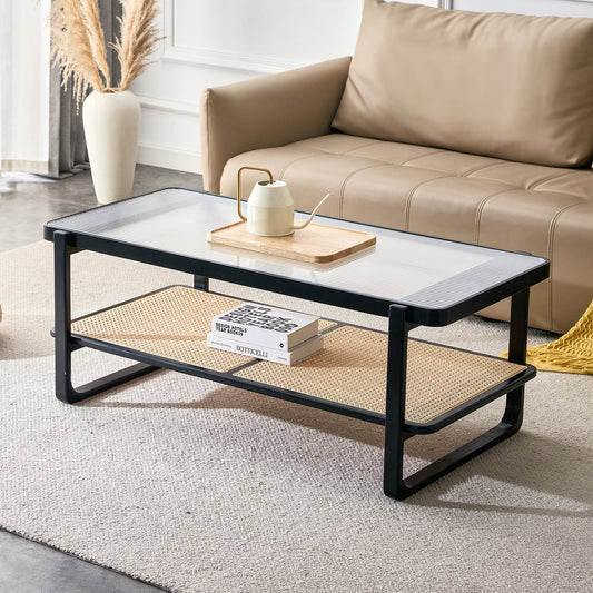 Sudica Glass Coffee Table with Rattan Storage Shelf Wooden Rectangular Coffee Table,Black