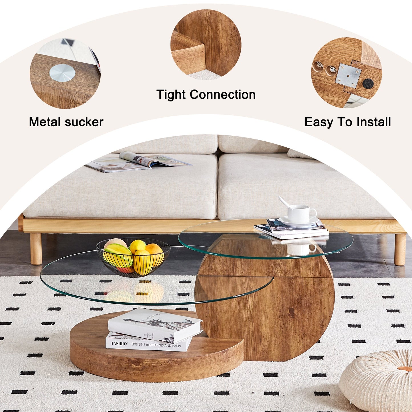 Sudica Modern Coffee Table with Double-layer Round Glass Tabletop，31 inch Tea Table with Dark Wood Grain Base,Center Table for Living Room