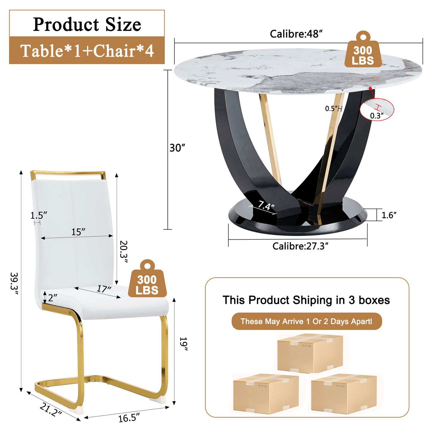 Sudica Round Dining Set for 4, 48" Round Marble Dining Table with PU Leather Dining Chairs, Gold Legs, White