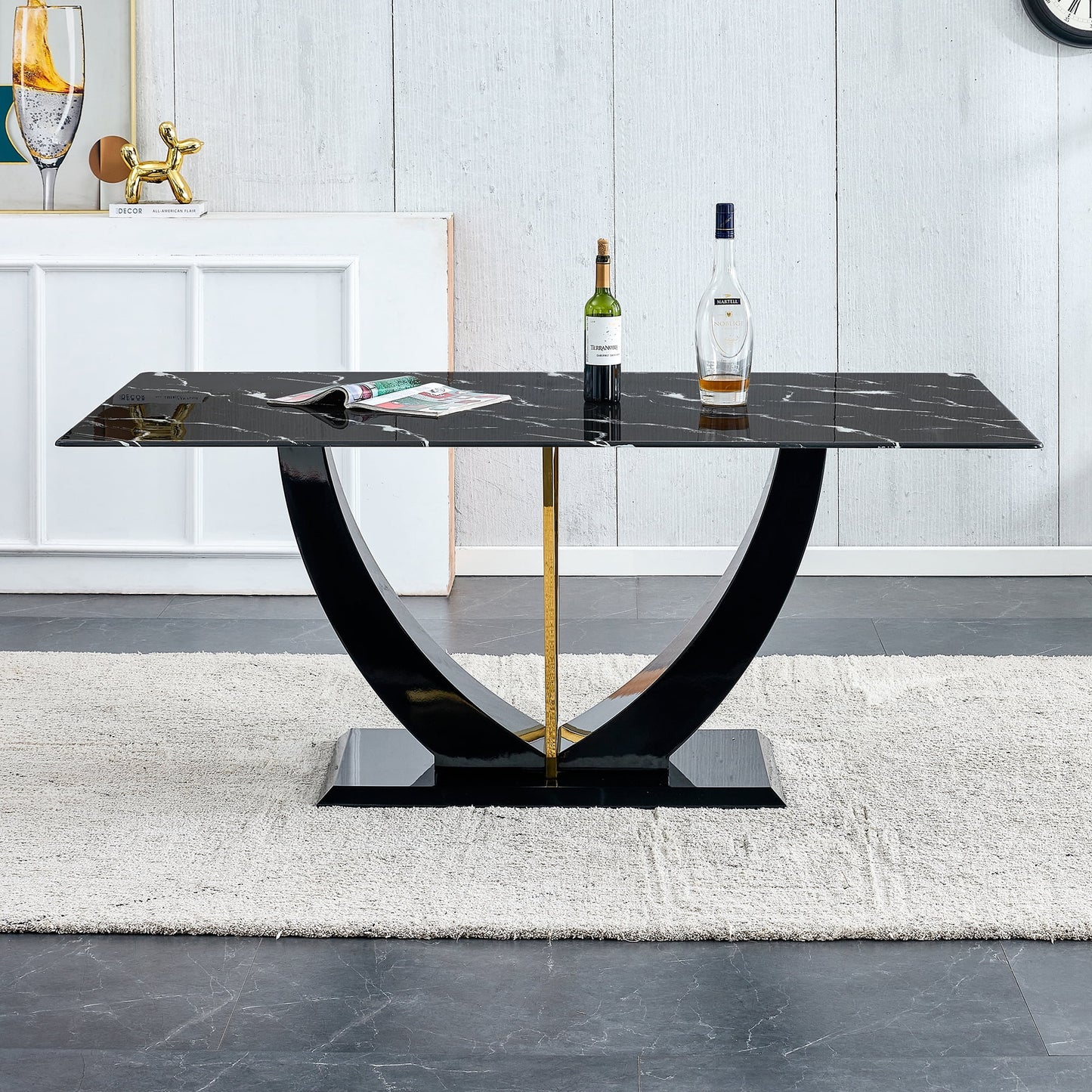 Sudica Marble Dining Table 70 inch Modern Kitchen Dining Room Table with MDF Faux Marble Table Top, Black U-Shape Base