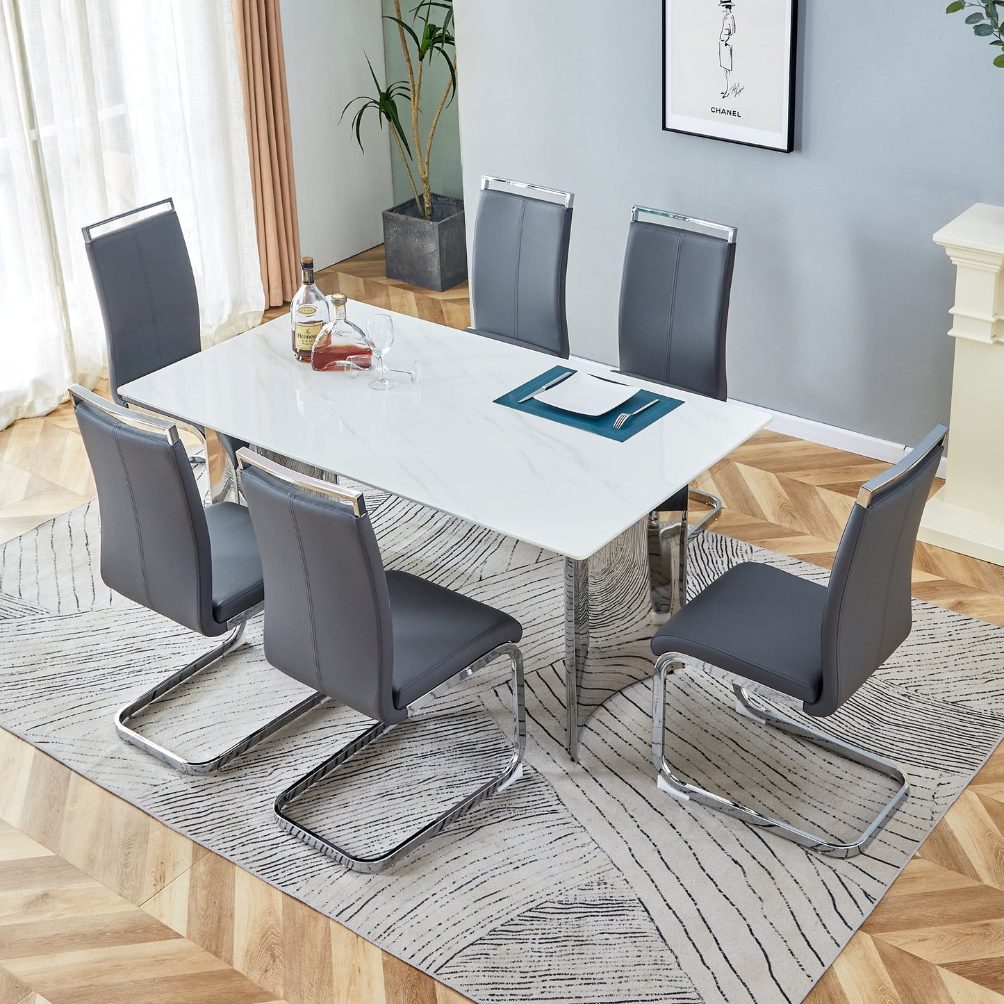 Dining Table Set for 6£¬Sudica 63" Faux Marble White Rectangular Dining Table and Upholstered PU Leather Dining Room Chairs for Kitchen,Gray