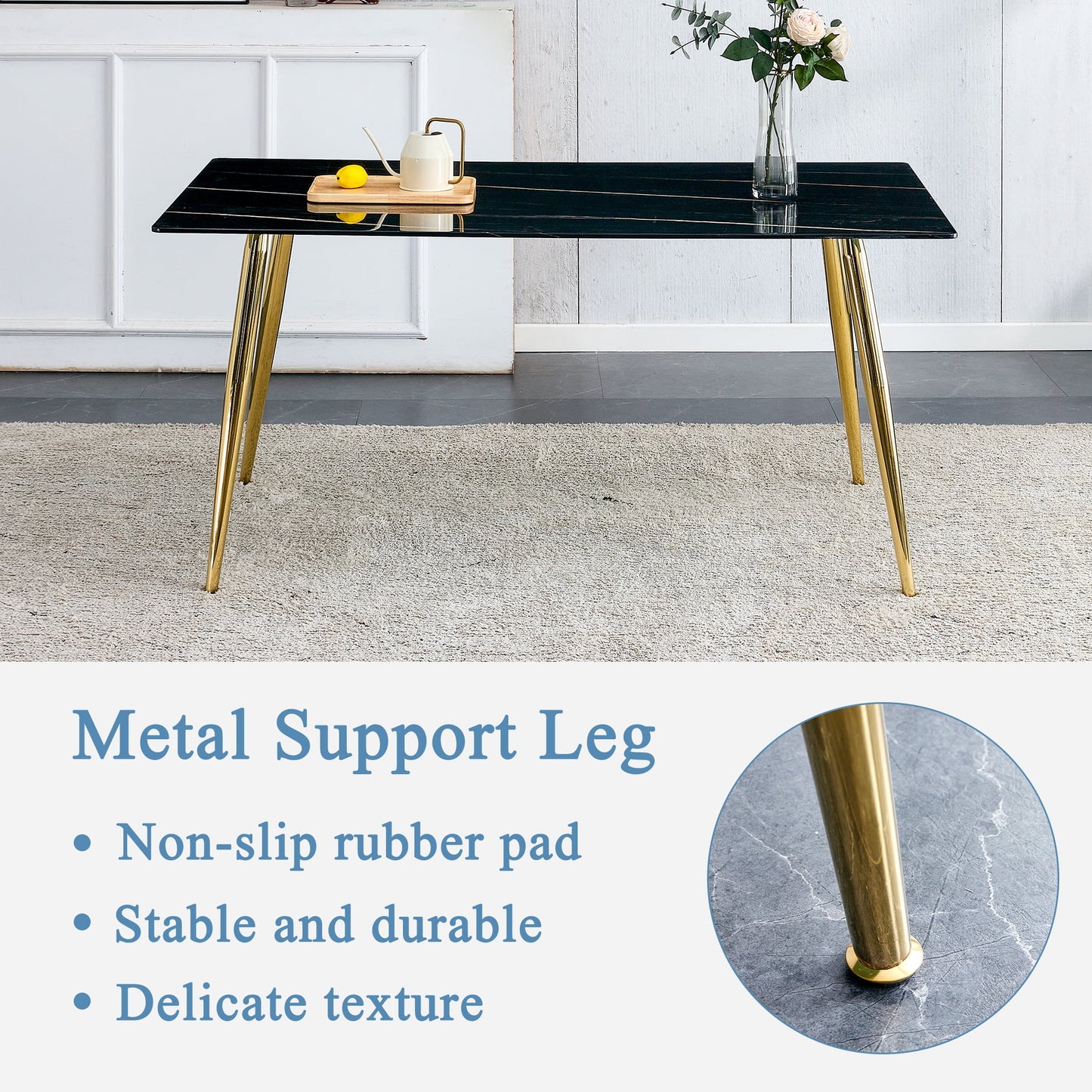 Dining Table with Marble Grain for 6, Sudica 63" Large Rectangular Kitchen Table with 4 Golden Plating Metal Legs