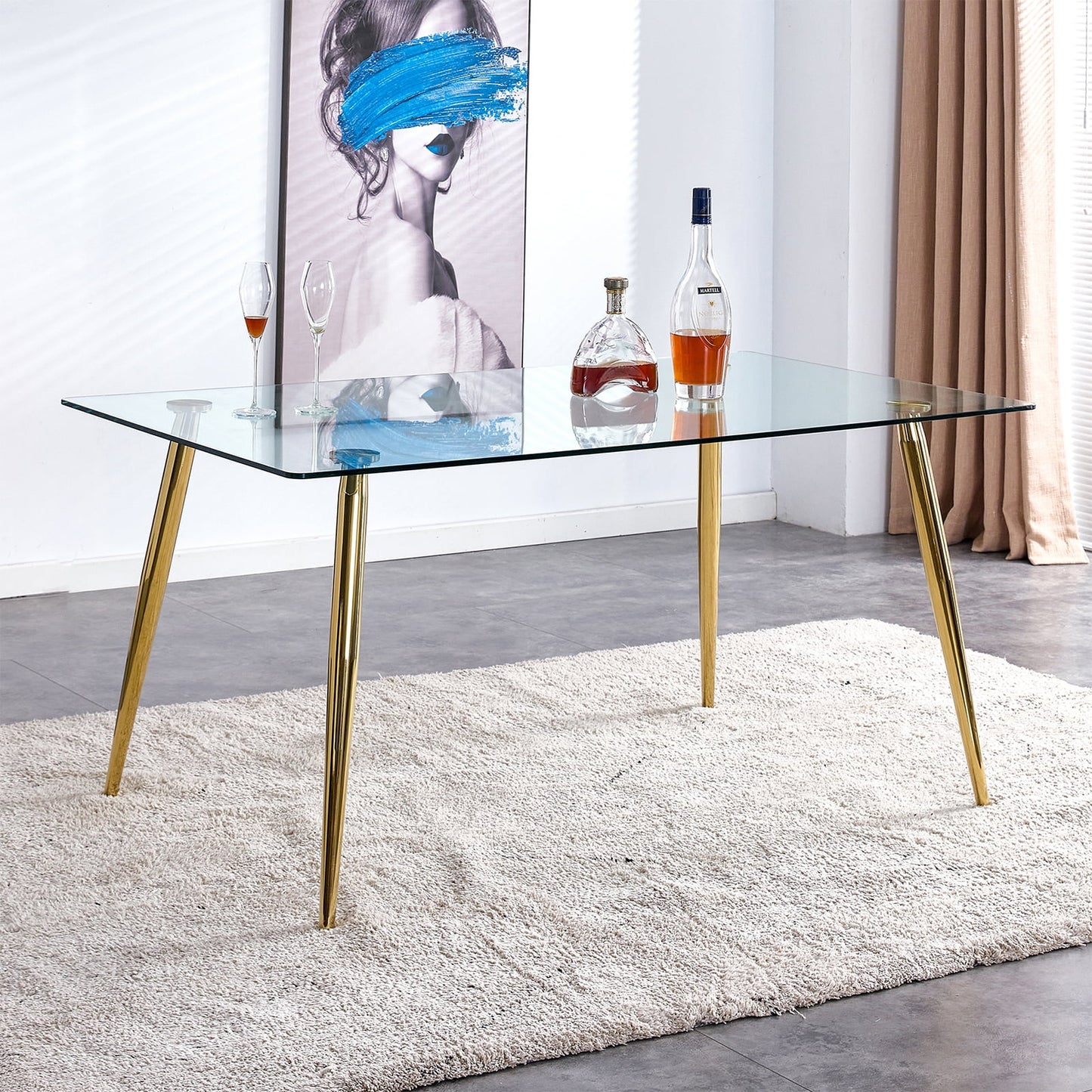 Tempered Glass Dining Table for 4, Sudica 51" Modern Rectangular Glass Kitchen Table with 4 Golden Plating Metal Legs