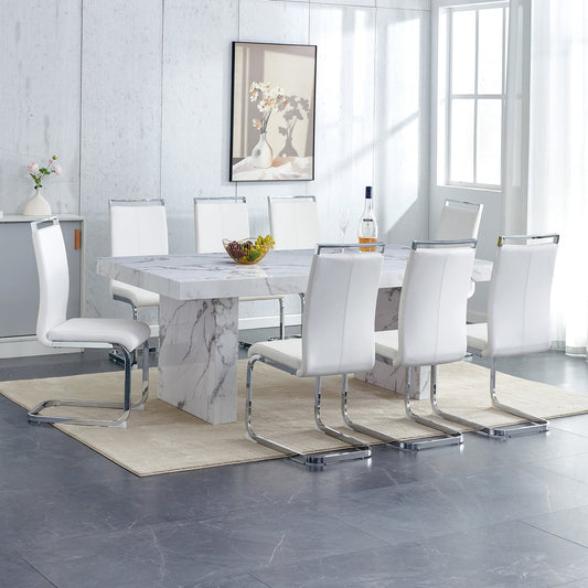 Sudica Dining Table Set for 8, 78" Faux Marble Dining Table with Leather Kitchen Chairs for Dining Room,White