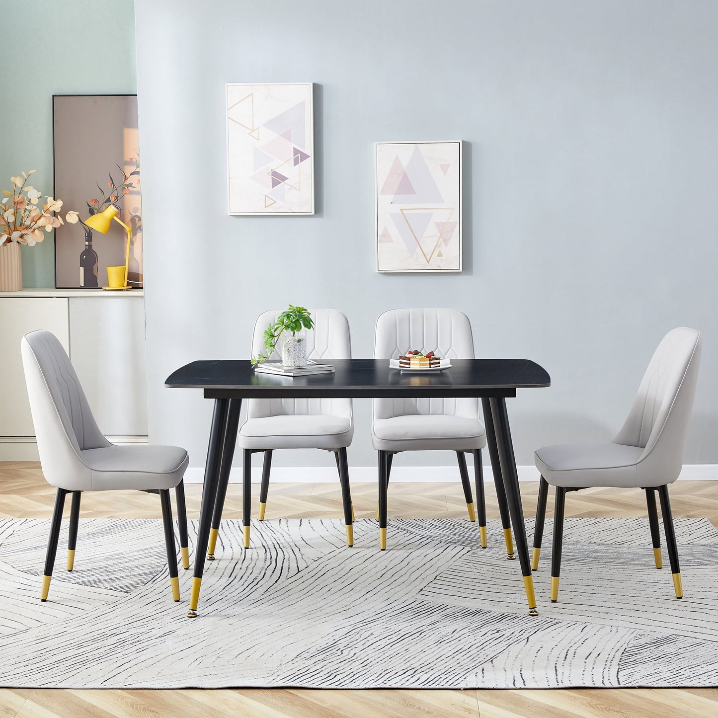 Sudica 5-Piece Kitchen Dining Table Set,Black Faux Marble Dining Tabletop with 4 Faux Leather Dining Room Chairs, Gray