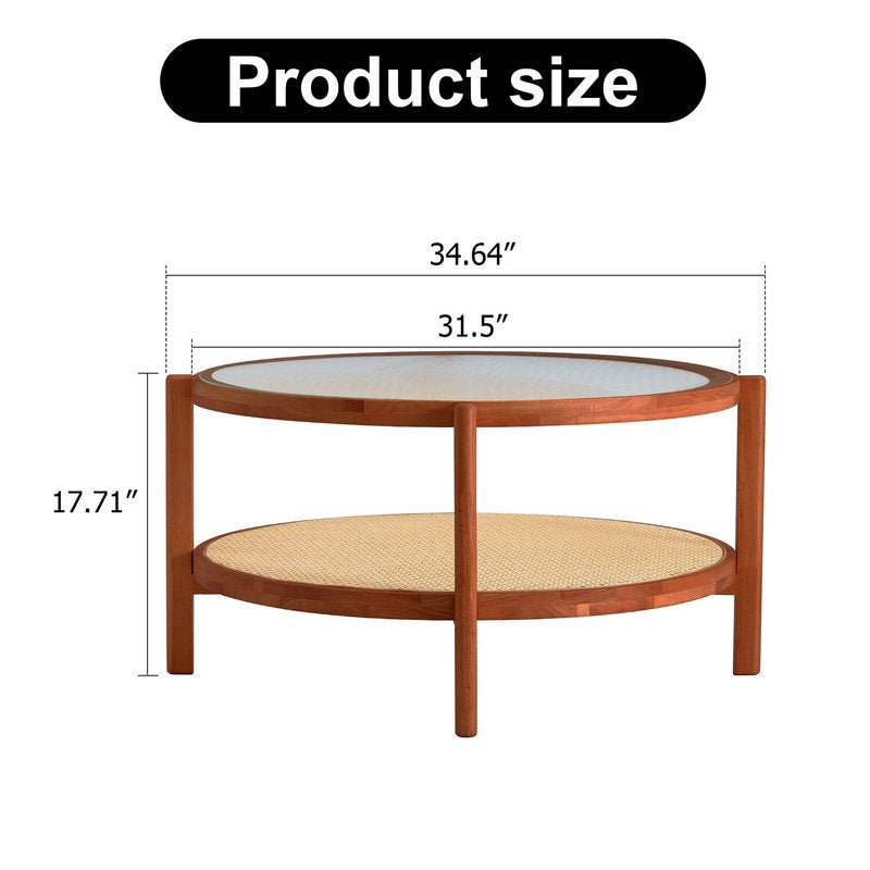 Sudica Modern Minimalist Circular Double-Layer Solid Wood Coffee Table, Craft Glass Tabletop,Pe Rattan with Solid Wood Frame,for Living Room, Dining Room and Bedroom HT