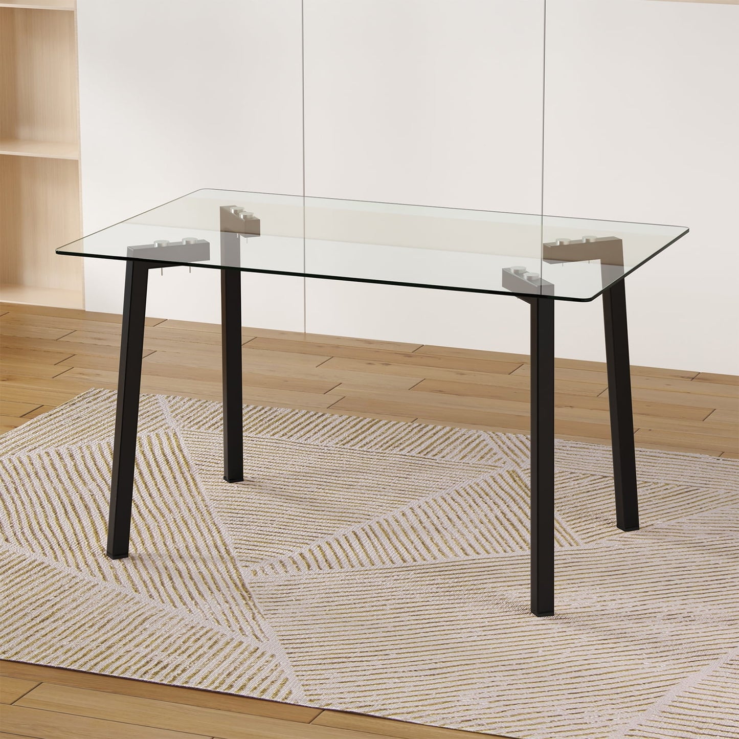 51" Glass Dining Table for 4, Sudica Clear Tempered Glass Modern Rectangular Kitchen Table with Metal Legs