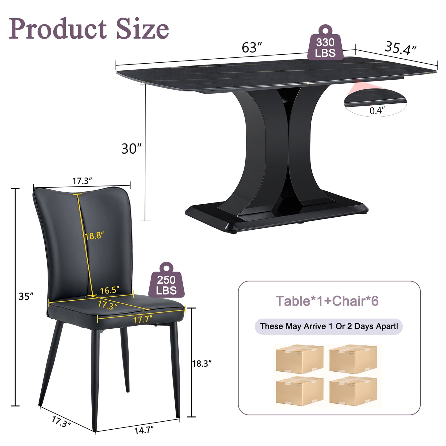 Sudica Marble Dining Set for 6, 63" Black Rectangular Kitchen Table with Modern PU Leather Dining Chairs, Black