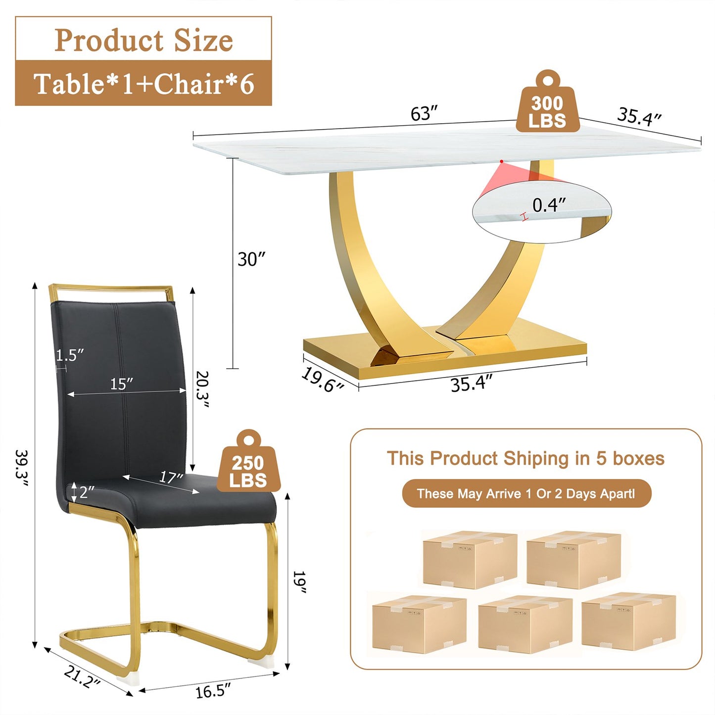 Dining Table Set for 6, Sudica Rectangular Faux Marble Kitchen Table with 4 Leather Gold Legs Dining Chairs,Black