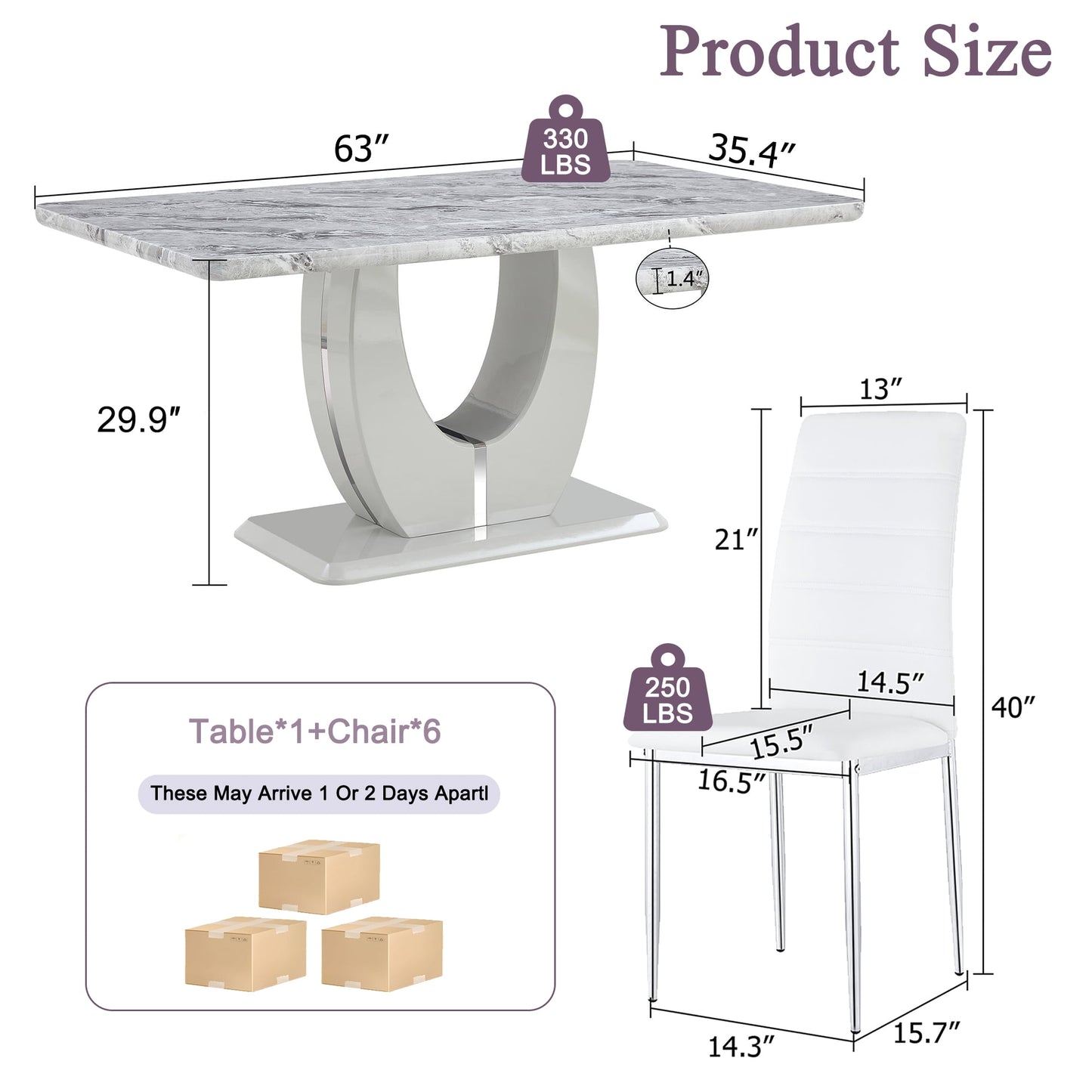 Marble Dining Table Set for 6, Sudica Kitchen Table and Chairs with Faux Marble Table Top and White PU Leather Dining Room Chairs