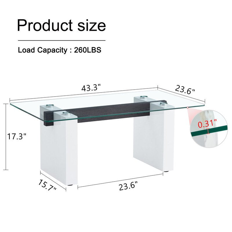 Sudica Rectangular Coffee Table, 43 inch Modern Tea Table with Tempered Glass Tabletop and White Legs for Living Room