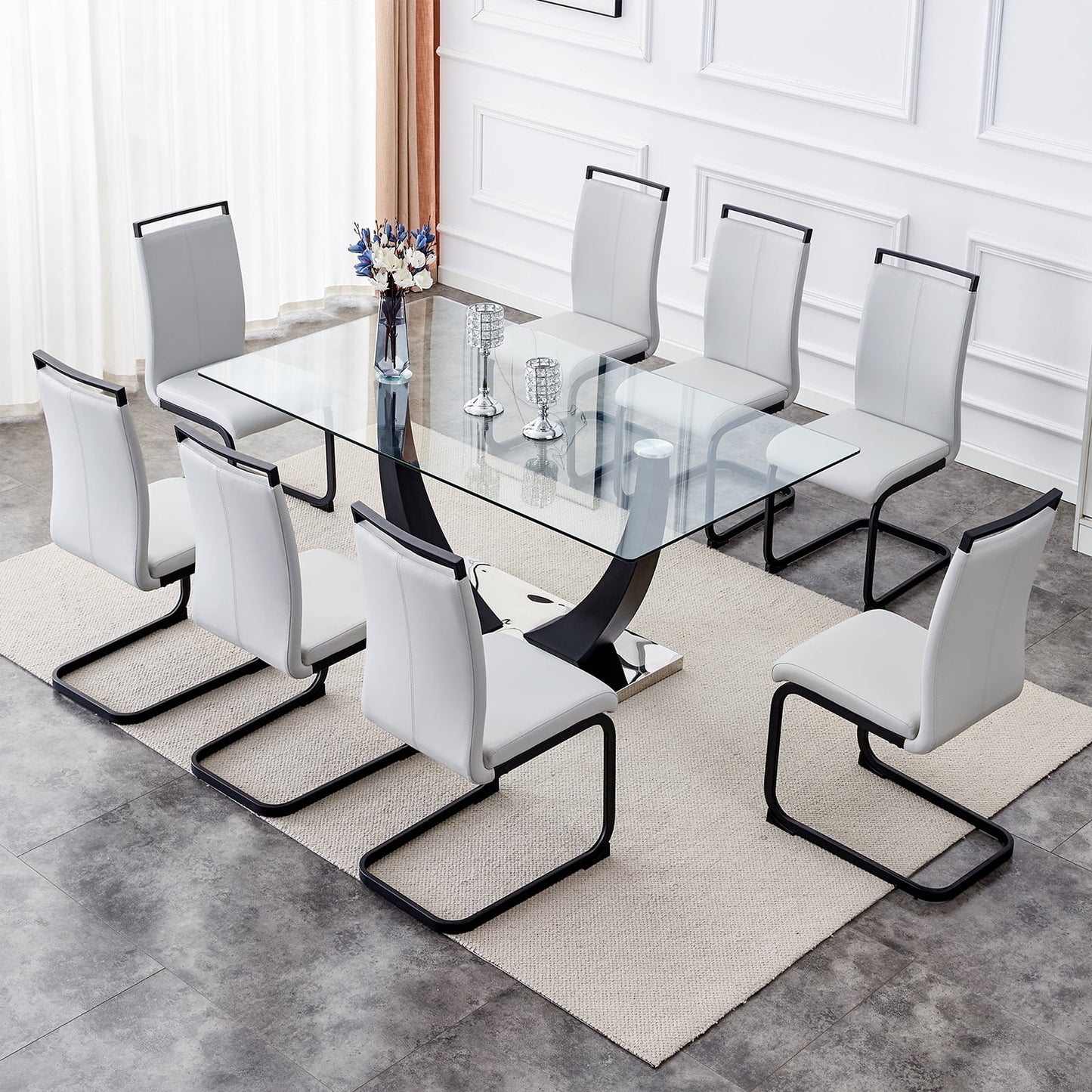 9-Piece 67"Glass Dining Table Set, Sudica Modern Table & Chair Set with 8 PU Leather Padded Dining Chairs, Light Gray