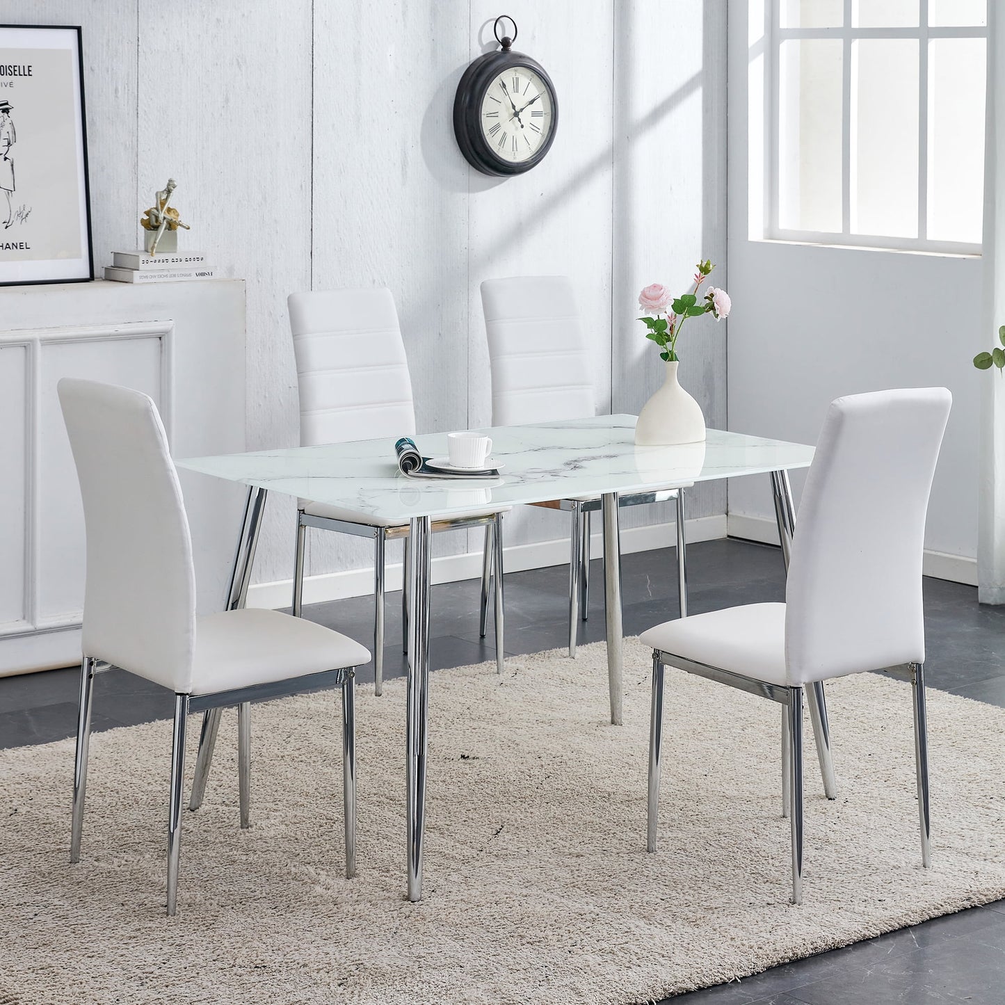 Sudica Compact Dining Table and Chair Set for 4, 51" Faux Marble Kitchen Table and PU Leather Chairs for Dining Room, White