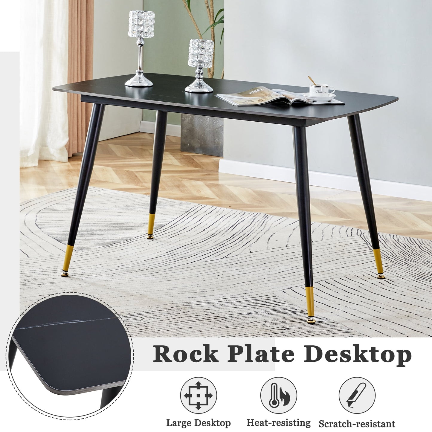 Sudica Dining Table 48" Rectangle Faux Marble Kitchen Dining Room Table with Metal Legs, Black