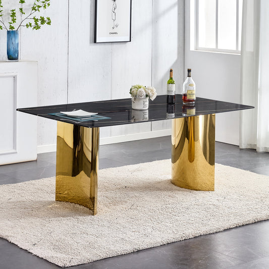 Sudica Marble Dining Table,71" MDF Kitchen Table with Chrome Plate Metal Base for 6-8 People,Black