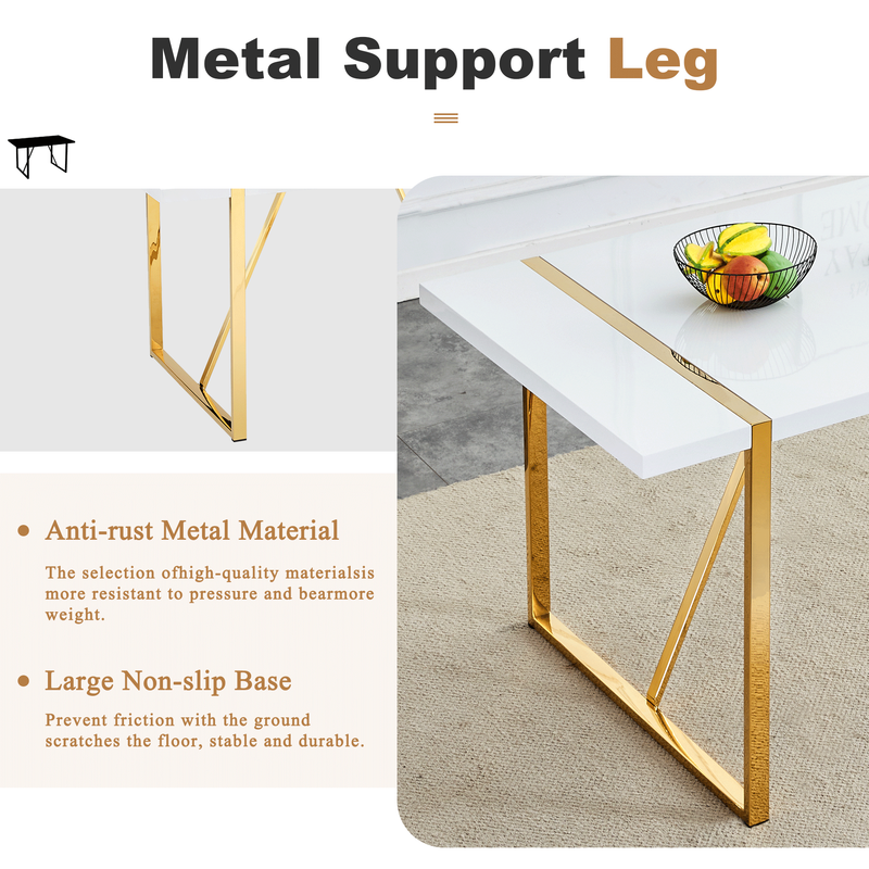 Rectangular Dining Table For 4-6 Person,Sudica 51 inch White Tabletop and golden Metal Legs,for Dining Room,Kitchen