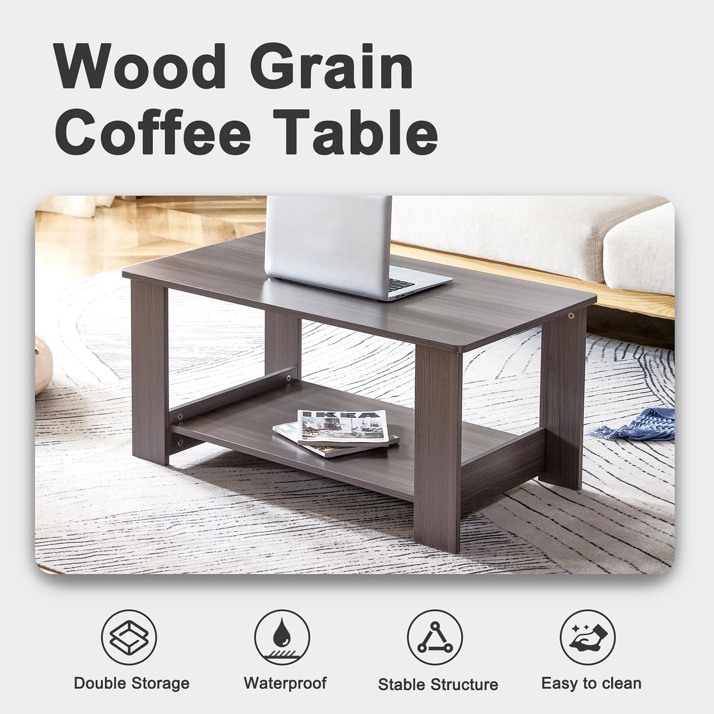 Sudica 35.4" Coffee Table with Storage Shelf Rectangular Rustic Wood Cocktail Table for Living Room,Gray