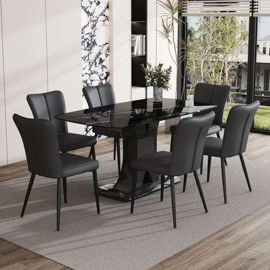 Sudica Marble Dining Set for 6, 63" Black Rectangular Kitchen Table with Modern PU Leather Dining Chairs, Black