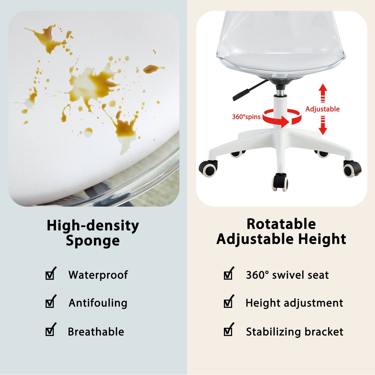 Sudica Acrylic Office Chair with PU Padded Seat Clear Rolling Desk Chair for Bedroom