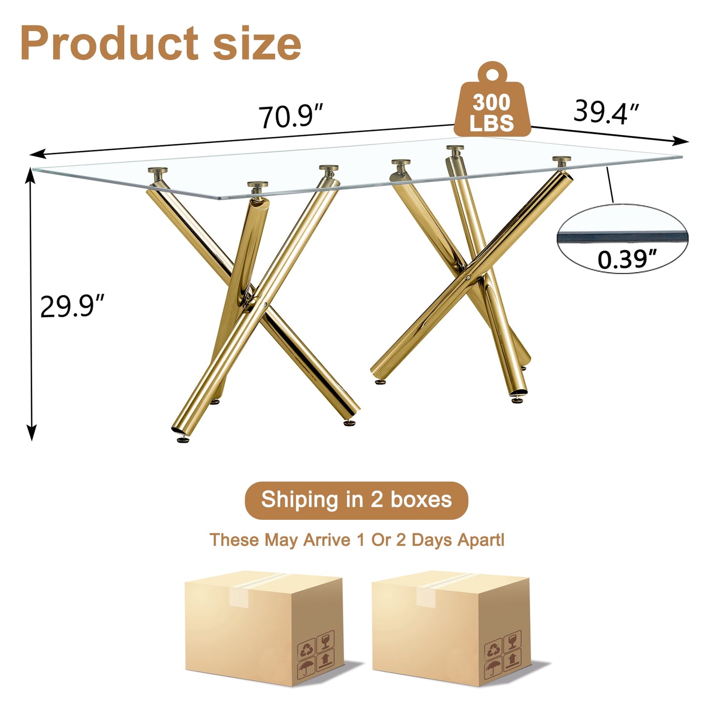 Sudica Glass Dining Table for 6-8 People 70.9" Modern Rectangular Kitchen Table with 0.39" Tempered Glass Tabletop,Chrome Metal Legs,Golden