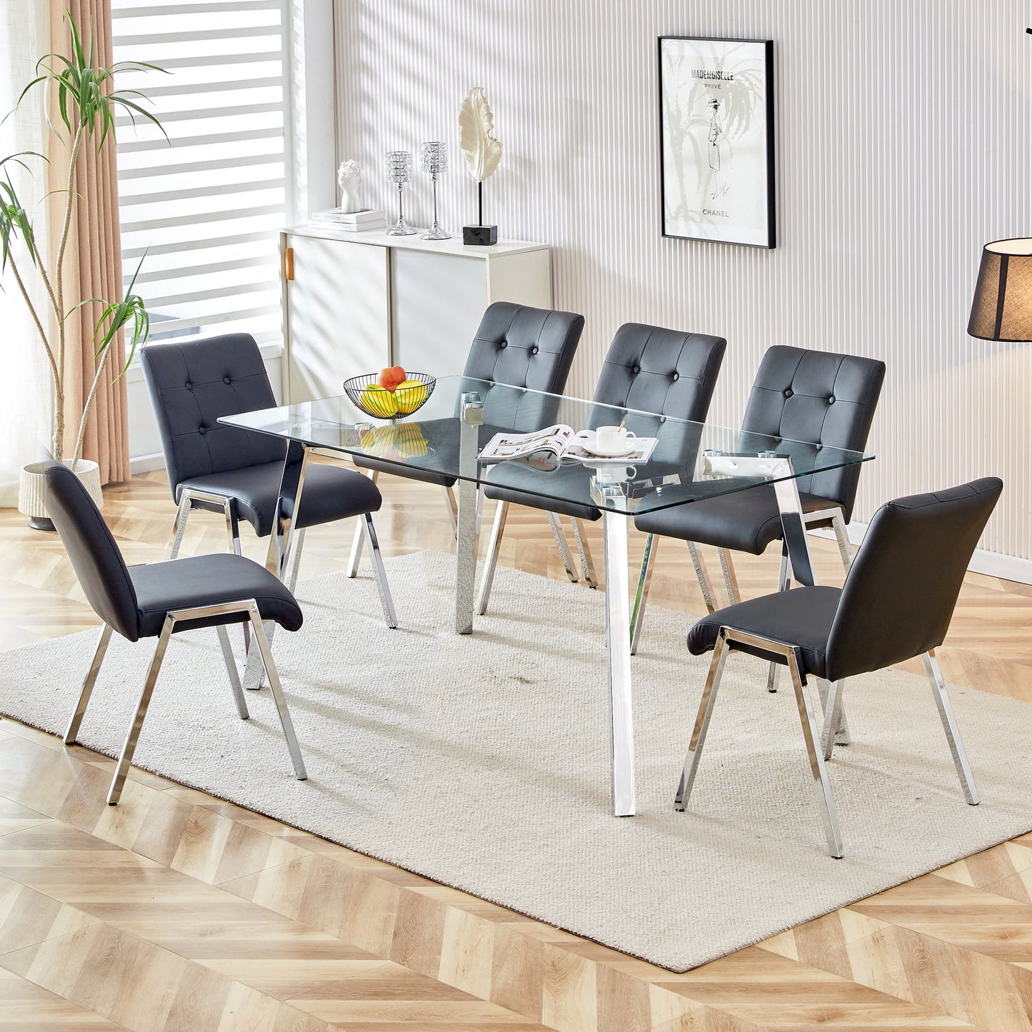 Sudica Dining Set for 6, Glass Rectangular Kitchen Table Set with Upholstered Faux Leather Dining Room Chairs,Black