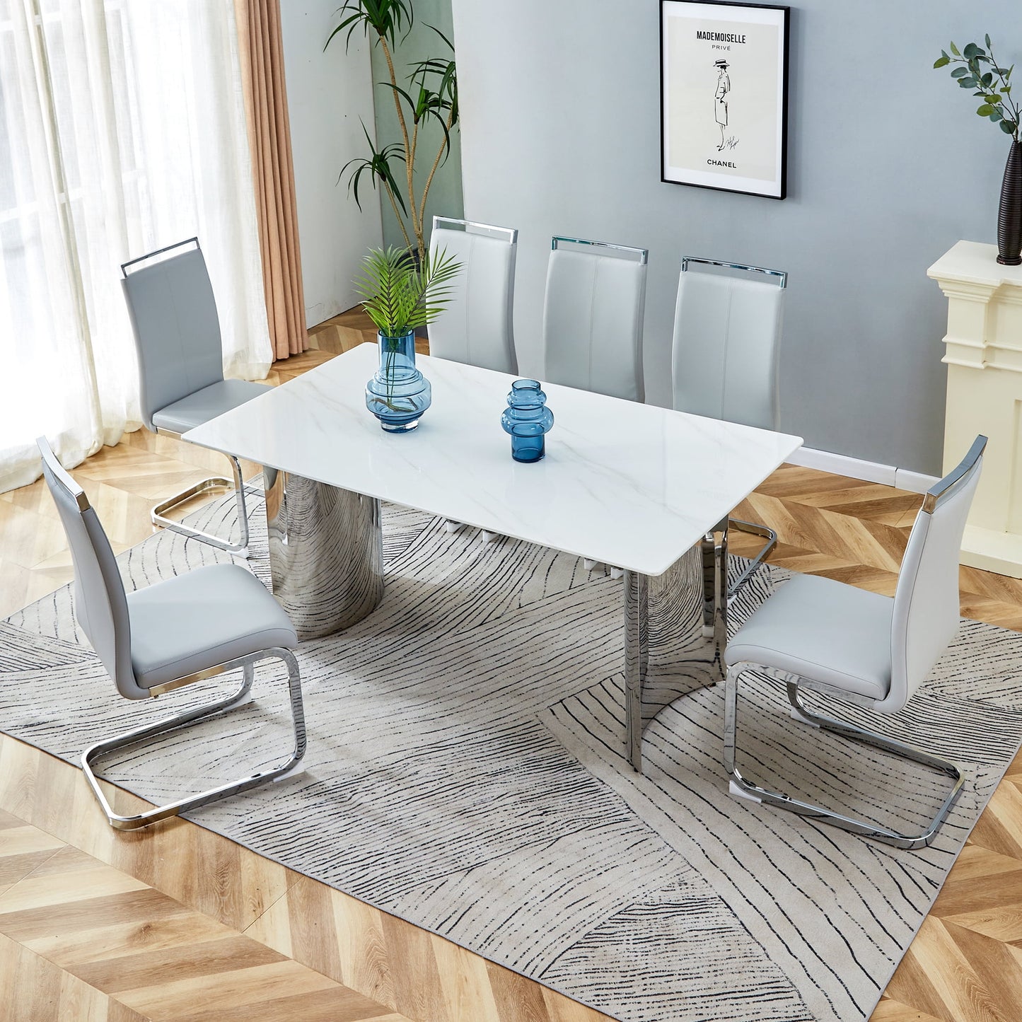 Dining Table Set for 6£¬Sudica 63" Faux Marble White Rectangular Dining Table and Upholstered PU Leather Dining Room Chairs for Kitchen,Light Gray