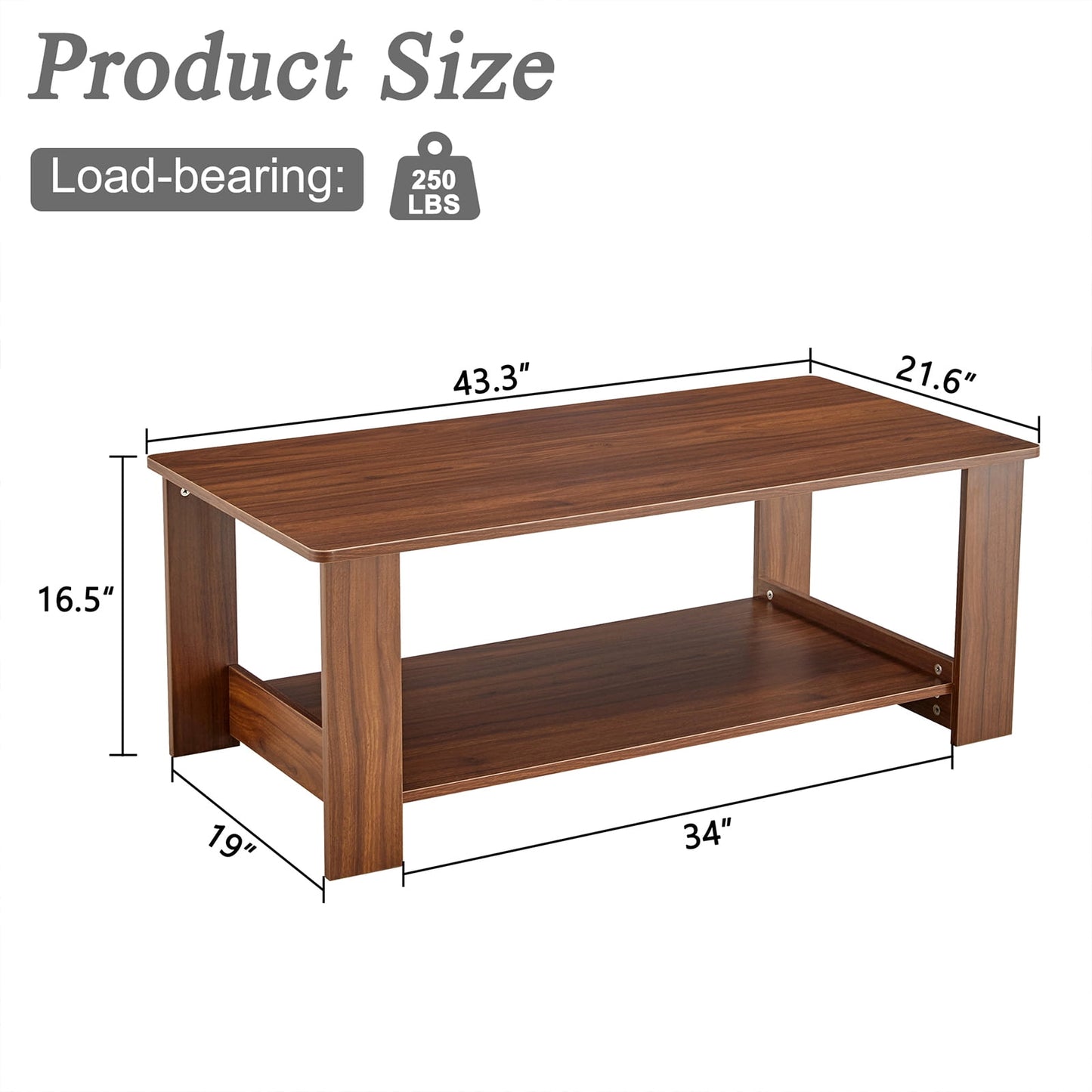 Sudica 43.3" Coffee Table with Storage Shelf Rectangular Rustic Wood Cocktail Table for Living Room,Walnut