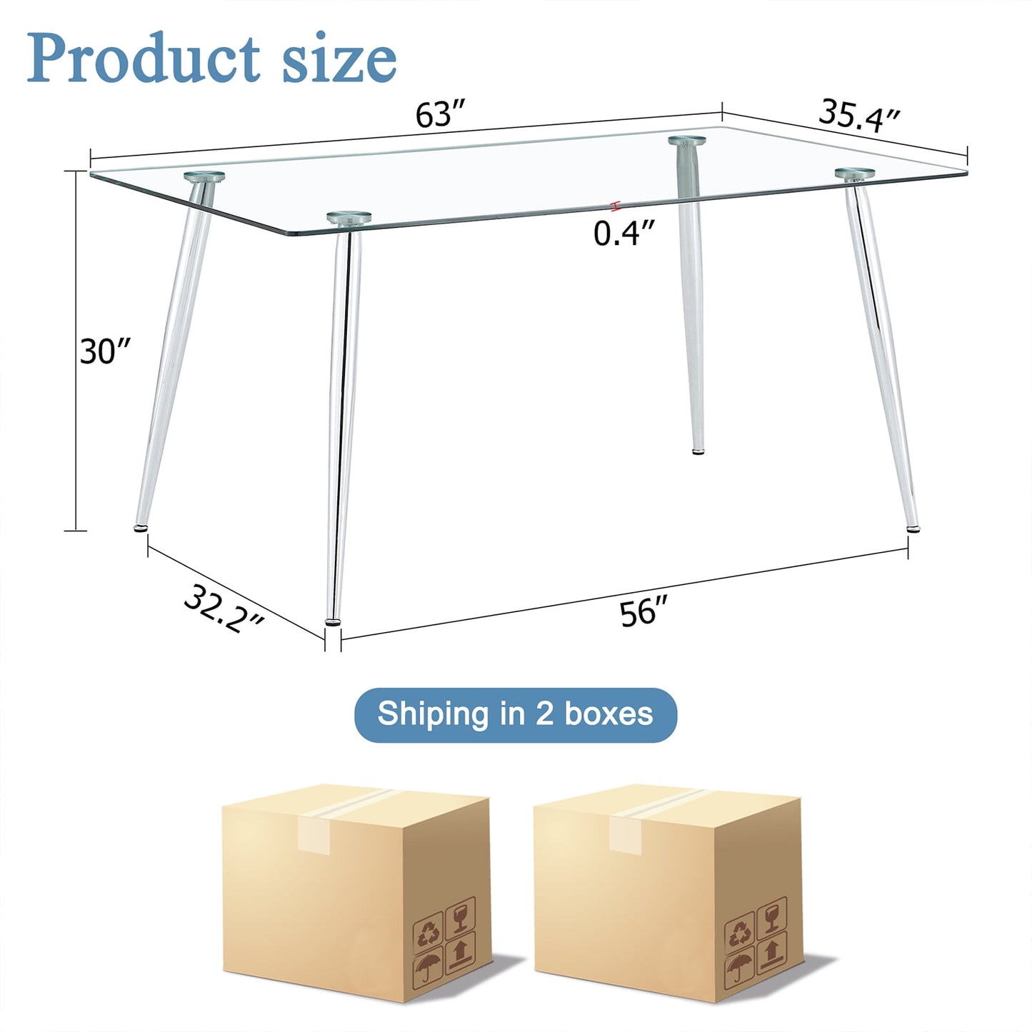 Tempered Glass Dining Table for 4, Sudica 63" Modern Rectangular Glass Kitchen Table with 4 Silver Plating Metal Legs