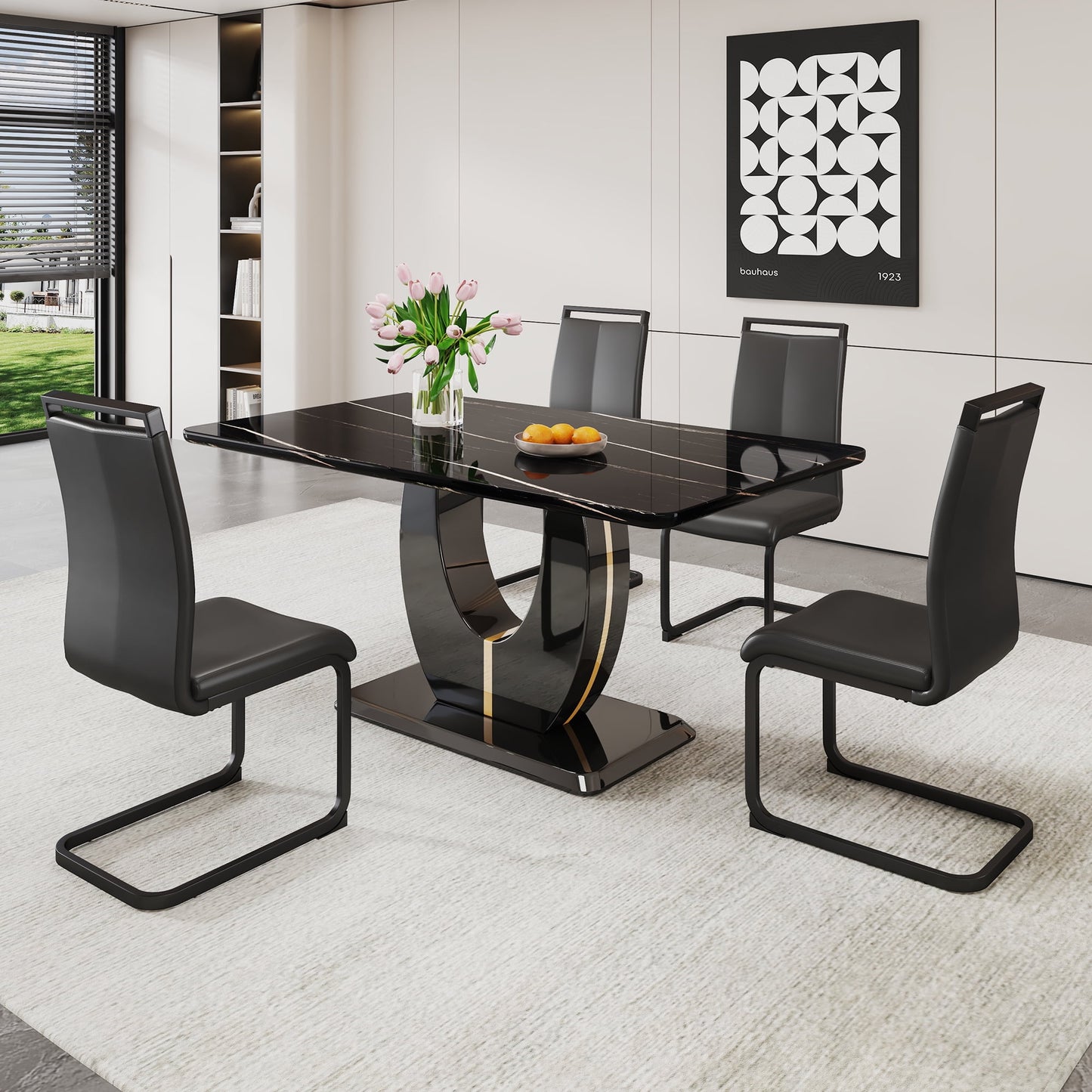 63" Dining Table Set for 4, Modern Black Faux Marble Rctangular Table with 4 Upholstered PU Leather Kitchen Chairs, Black