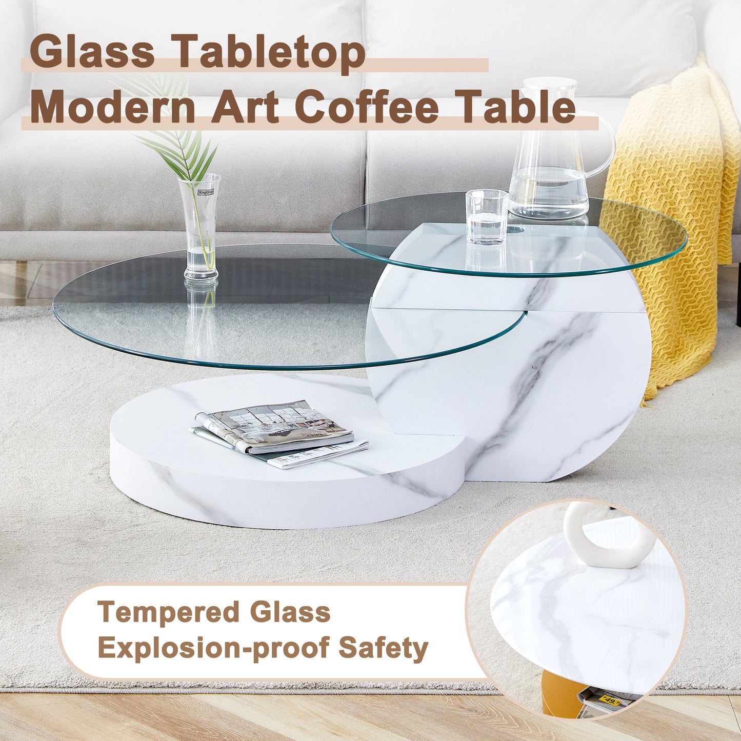 Sudica Modern Coffee Table with Double-layer Round Glass Tabletop，31 inch Tea Table with White Marble Patterned Base,Center Table for Living Room