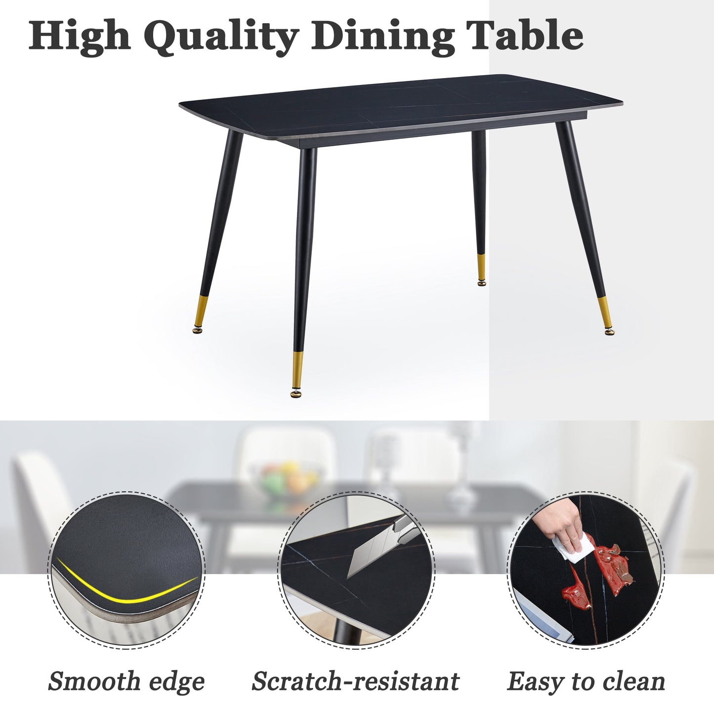 Sudica Dining Table 48" Rectangle Faux Marble Kitchen Dining Room Table with Metal Legs, Black