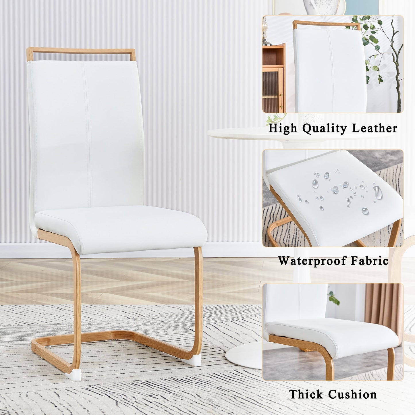 Modern Dining Chairs Set of 4, Sudica Faux Leather Dining Room Chairs with Wood Grain Metal Legs for Kitchen,White