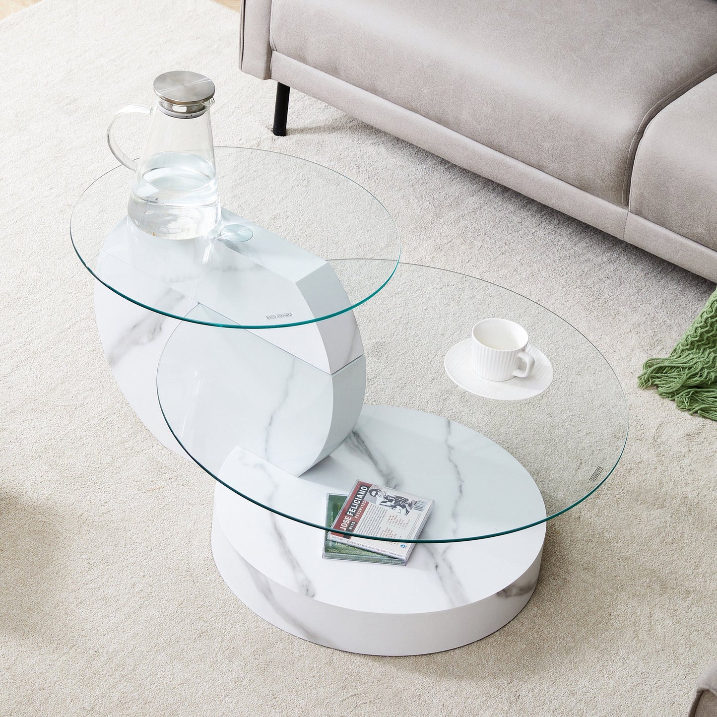 Sudica Modern Coffee Table with Double-layer Round Glass Tabletop，27 inch Tea Table with White Marble Patterned Base,Center Table for Living Room