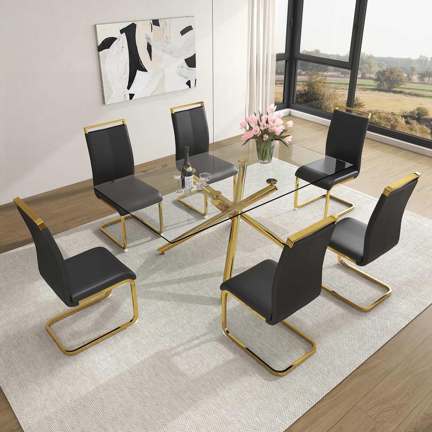 Sudica Glass Dining Table Set for 6, 71" Large Rectangular Kitchen Glass Dinner Table with Upholstered Golden Legs Dining Room Chairs, Black