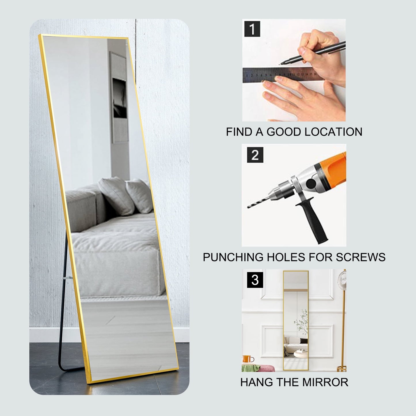 Sudica Full Length Mirror with Stand 59" X 15.7" Rectangular Bedroom Wall Body Mirrors, Gold Metal Frame