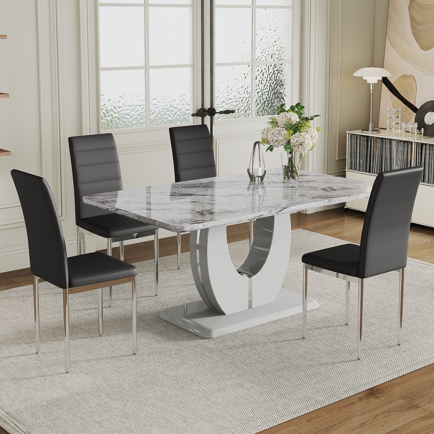 Marble Dining Table Set for 4, Sudica Kitchen Table and Chairs with Faux Marble Table Top and Black PU Leather Dining Room Chairs