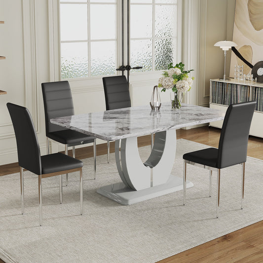 Marble Dining Table Set for 4, Sudica Kitchen Table and Chairs with Faux Marble Table Top and Black PU Leather Dining Room Chairs