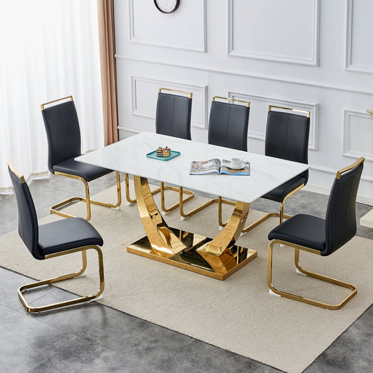 Dining Table Set for 6, Sudica Rectangular Faux Marble Kitchen Table with 4 Leather Gold Legs Dining Chairs,Black