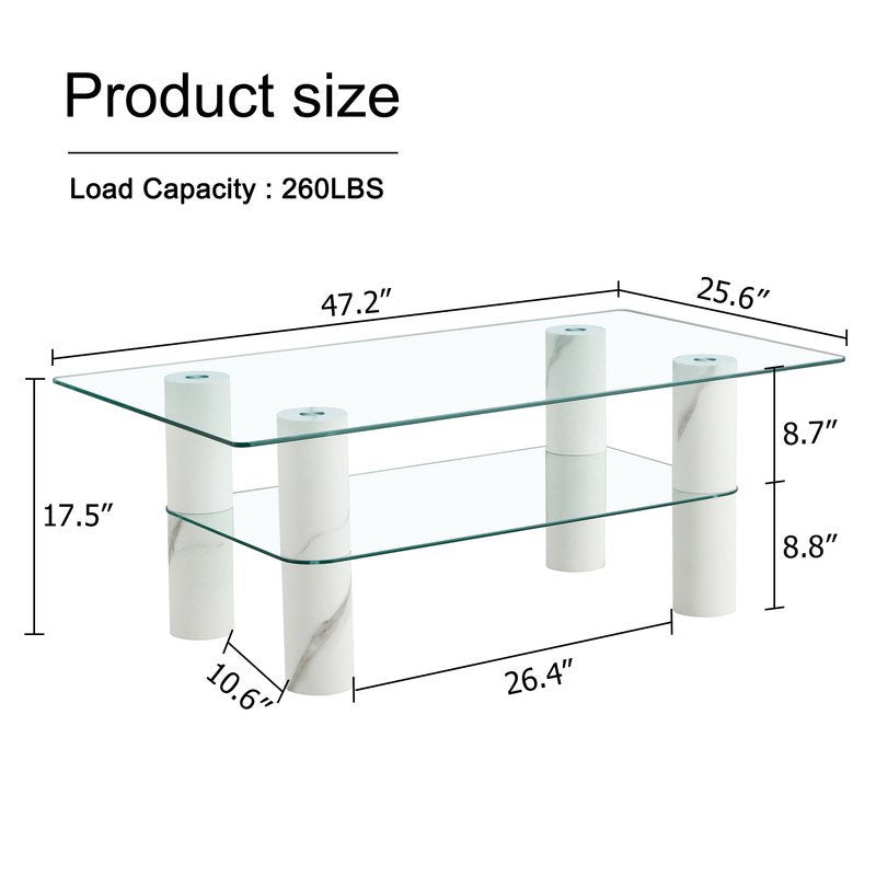 Modern Minimalist Double Layered Transparent Tempered Glass Coffee Table,47 inch Sudica Rectangular Tea Table with White Legs