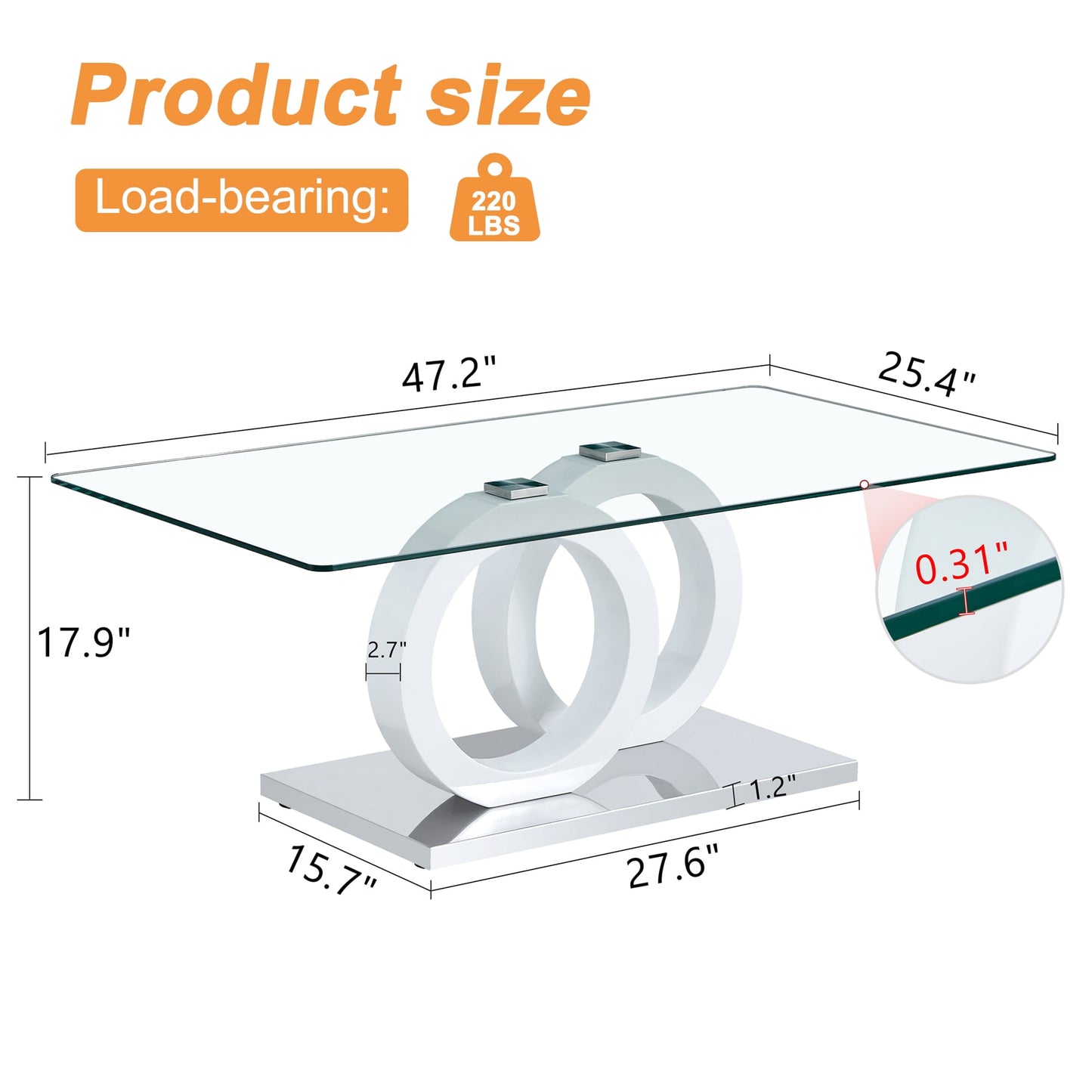 Sudica Rectangle Glass Coffee Table, Modern 47"x25 inch Tempered Glass Top Tea Table for Living Room, White Base