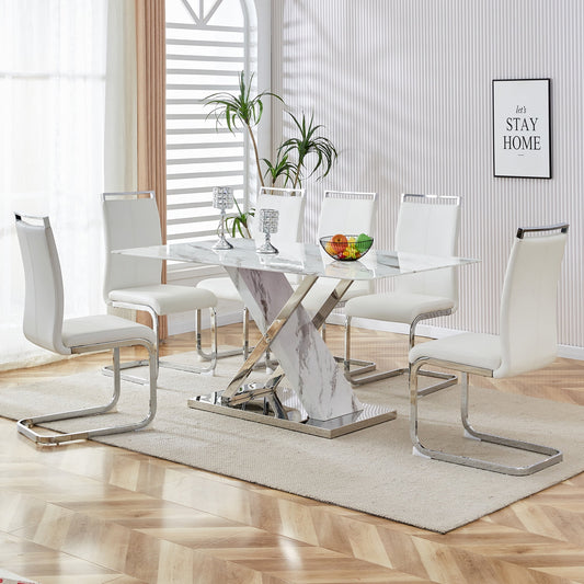 Sudica Dining Set, 63" Marble Dining Table Set with 6 Faux Leather Dining Chairs for Dining Room,White