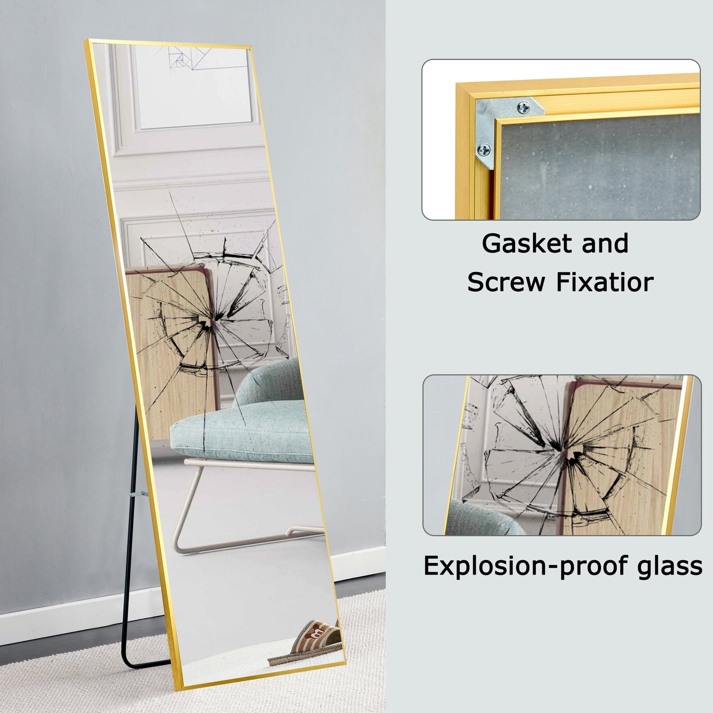 Sudica Standing Floor Mirror 63"x20" Full-Length Rectangular Bedroom Body Mirror with Metal Gold Frame