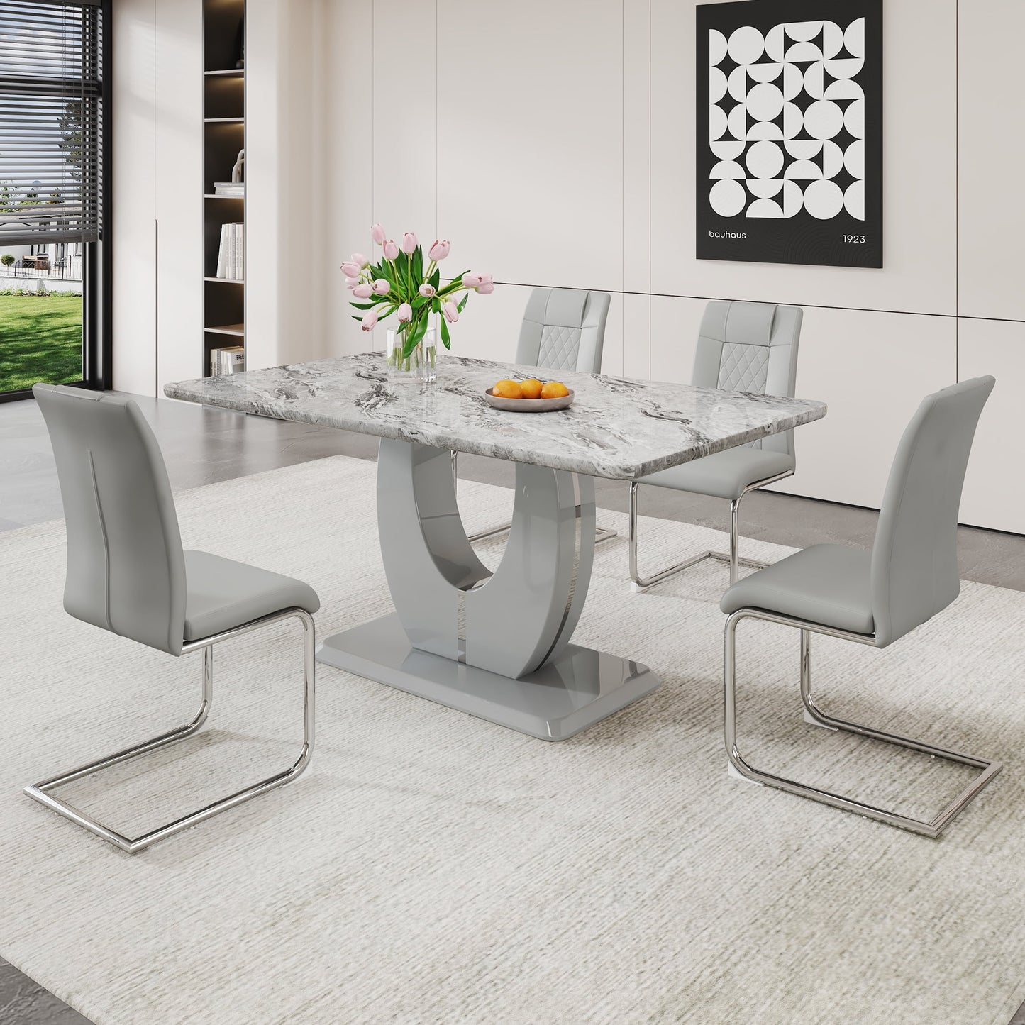 Sudica Dining Table Set with 4 Leather Dining Room Chairs, 63" Large Rectangular Marble Dining Table and Chairs Set,Light Gray