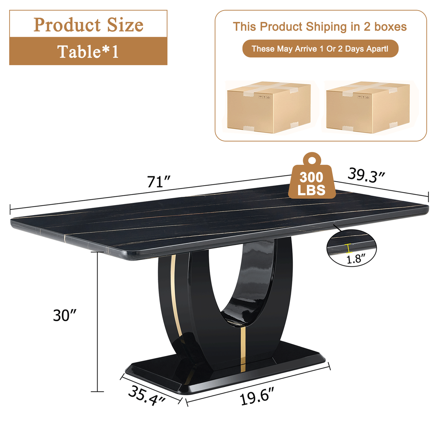 Sudica Black Marble Dining Table, 71 inch Modern Large Rectangular Kitchen Table with U Shape Base for Dining Room